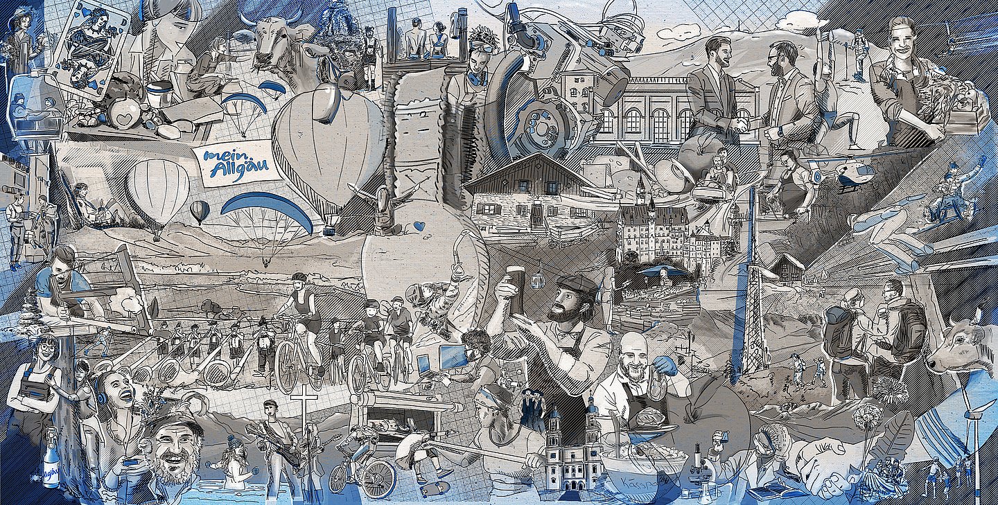 Illustration mit verschiedenen Szenen aus dem Allgäu Illustration mit verschiedenen Szenen aus dem Allgäu
