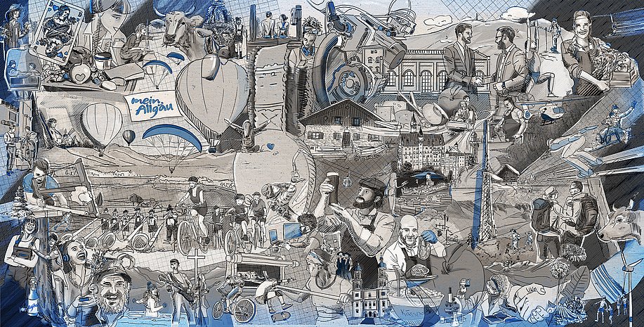 Illustration mit verschiedenen Szenen aus dem Allgäu