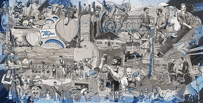 Illustration mit verschiedenen Szenen aus dem Allgäu