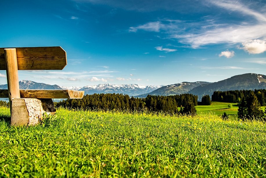 Holzbank auf einer Wiese mit Blick in die Allgäuer Alpen