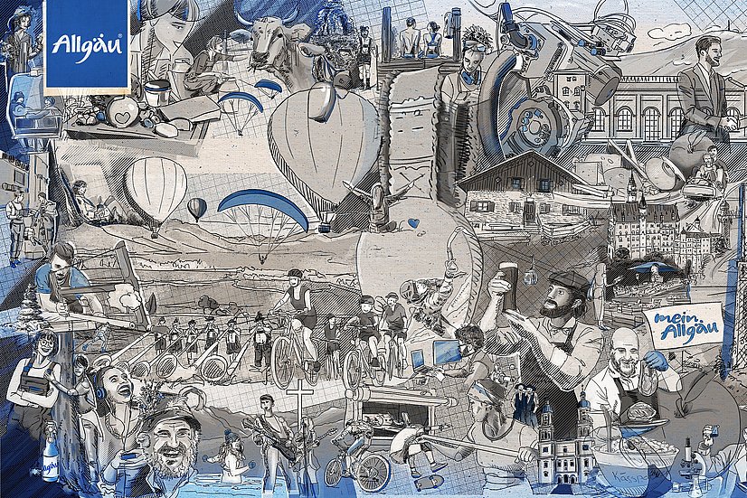 Illustration mit verschiedenen Szenen aus dem Allgäu