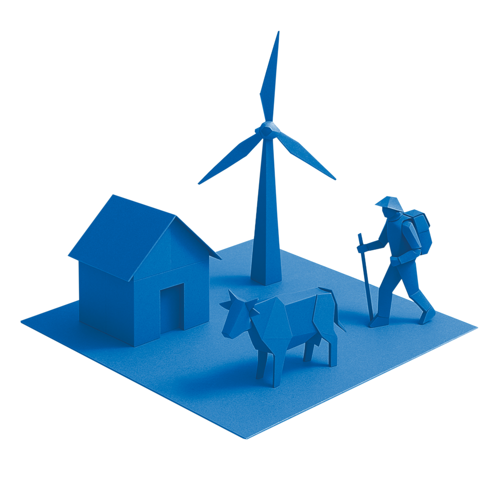 Quadratische Fläche mit einem Haus, einem Windrad, einem Wanderer und einer Kuh